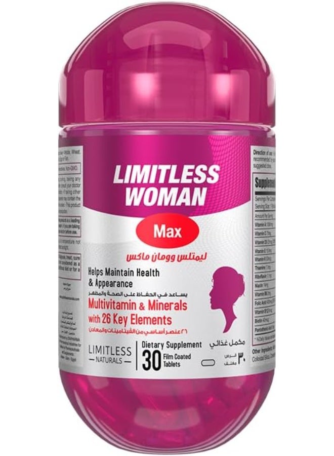 LIMITLESS Woman Max Women’s Multivitamin, 26 Essential Vitamins & Minerals, With Biotin, Iron & Vitamin C, Beauty, Energy & Immune Support, 30 Tablets - Image 1